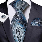 Luxury Blue Silk Design Wedding Tie For Men Necktie Pocket Square Cufflink Set Formal Business Meeting Necktie For Men Stevvex
