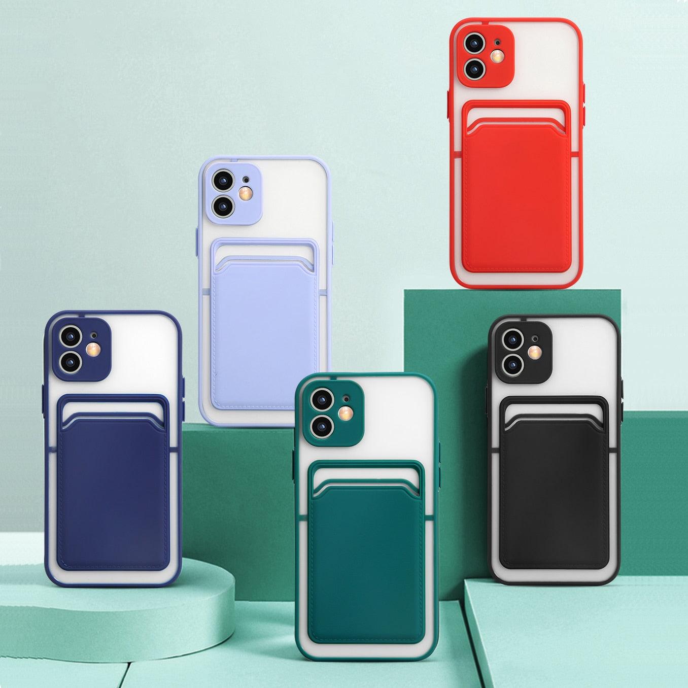 Luxury Card Holder Wallet Case For iPhone 11 Pro Max 12 Mini X XR 7 8 Plus XS Max Hard Solid Color Clear Protection Cover  Soft Silicone Shockproof Back Cover Stevvex