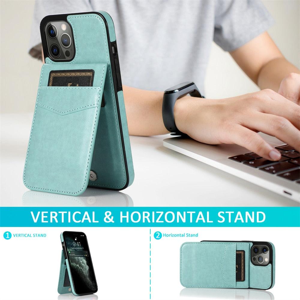 Luxury Cards Case For iPhone 14 13 12 Mini 11 Pro Max Durable Leather Strong Stand Holder Phone Cover Magnetic Flip Case For Women Girls With Card Holder Secure Card Holder Stevvex