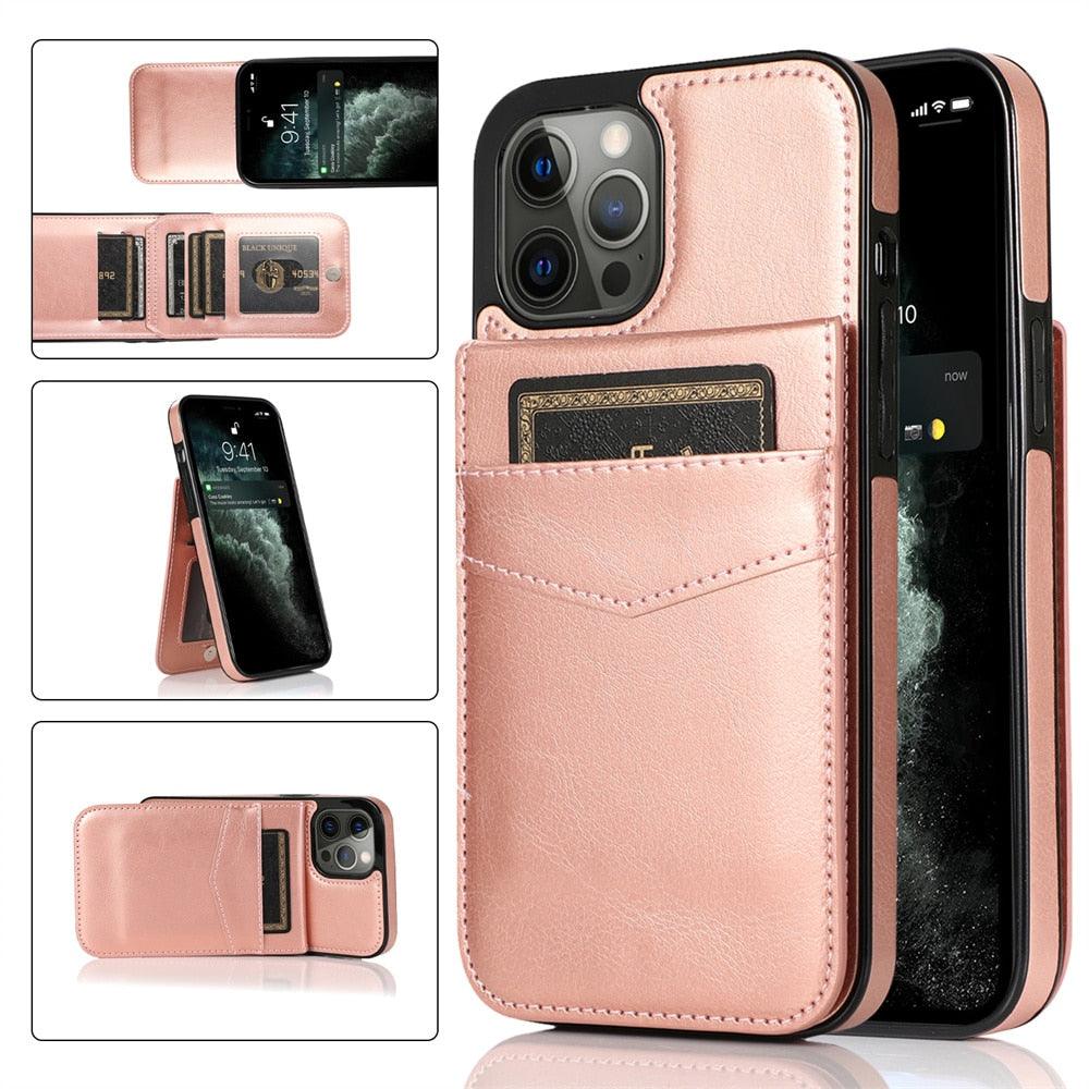 Luxury Cards Case For iPhone 14 13 12 Mini 11 Pro Max Durable Leather Strong Stand Holder Phone Cover Magnetic Flip Case For Women Girls With Card Holder Secure Card Holder Stevvex