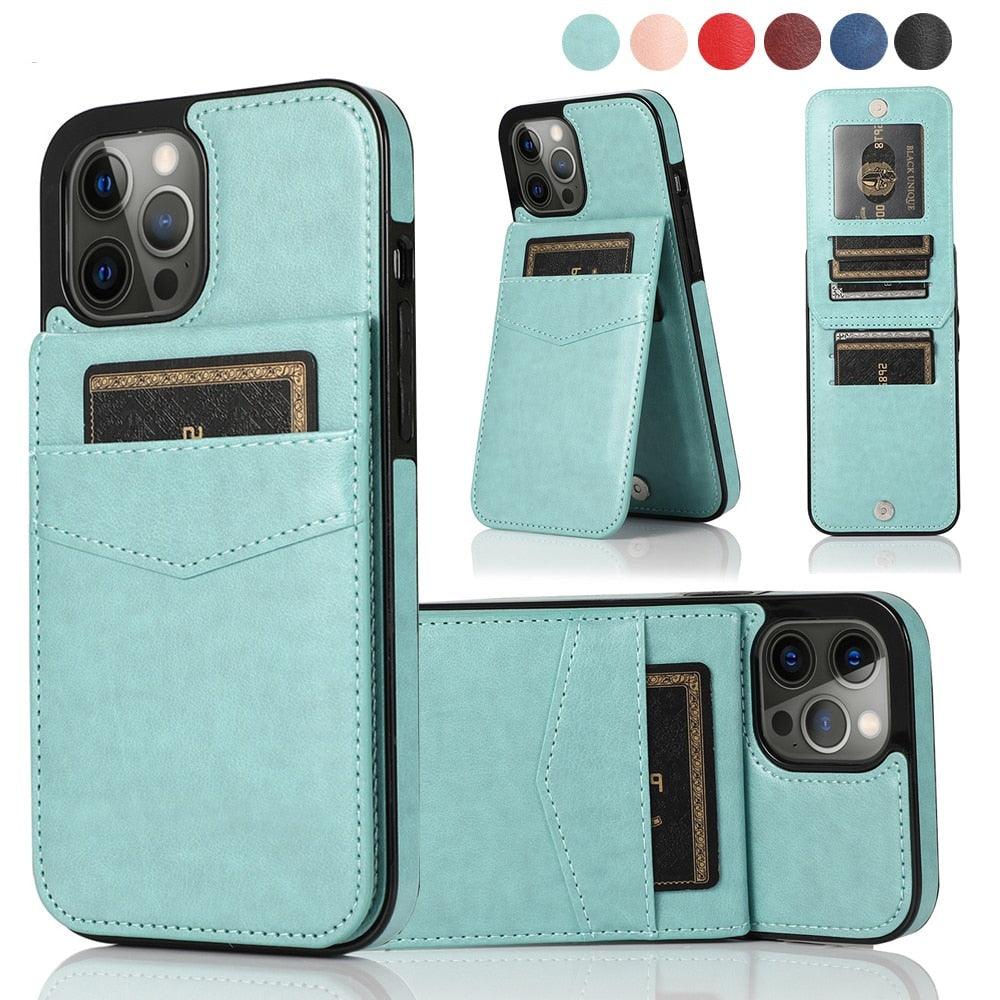 Luxury Cards Case For iPhone 14 13 12 Mini 11 Pro Max Durable Leather Strong Stand Holder Phone Cover Magnetic Flip Case For Women Girls With Card Holder Secure Card Holder Stevvex