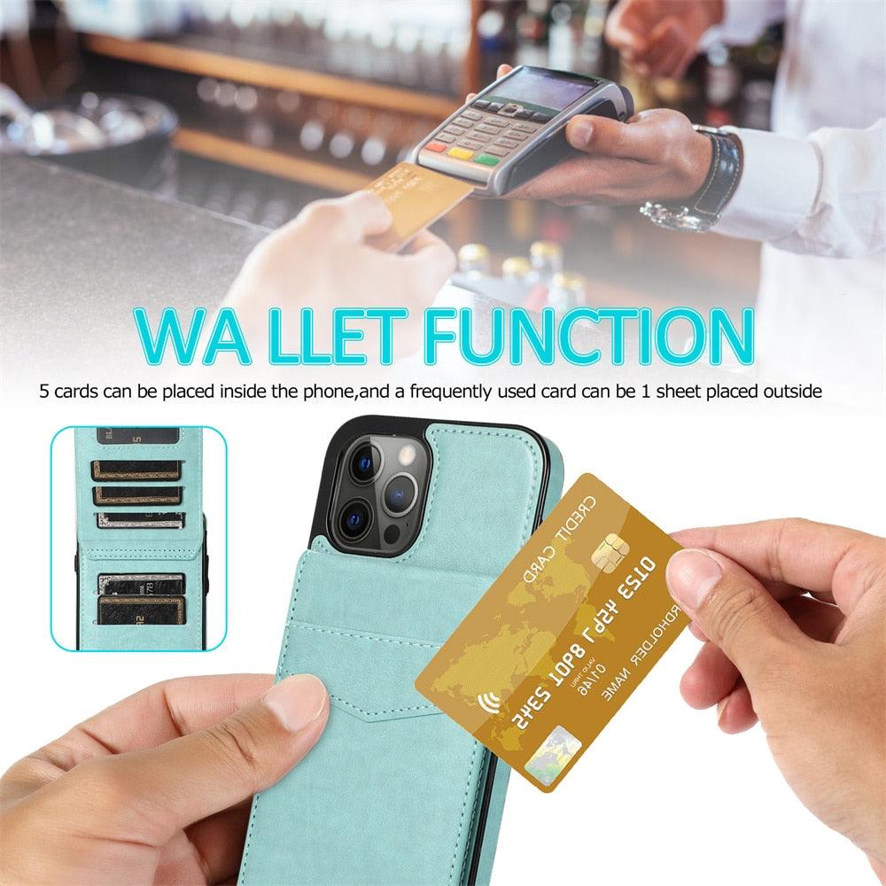 Luxury Cards Case For iPhone 14 13 12 Mini 11 Pro Max Durable Leather Strong Stand Holder Phone Cover Magnetic Flip Case For Women Girls With Card Holder Secure Card Holder Stevvex