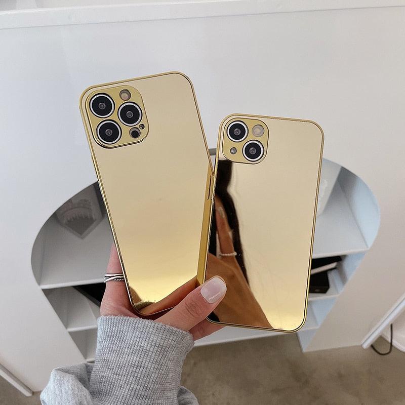 Luxury Clear Back Mirror Shock-Absorption Anti-Scratch Bright Reflection Protective Case Cover Silver Golden Mirror Shockproof Case for iPhone 14 13 12 Pro Max 11 X XR XS 8Plus iphone Hard Back Cover Stevvex