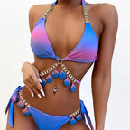 Luxury Diamond Bikini Halter Push Up Swimwear Women's Beach Bikini Crystal Side Bottom Triangle Bikini Halter Swimsuits Women Swimsuit Female Strappy Bikini Set Summer Party Bathing Suit Beachwear Stevvex