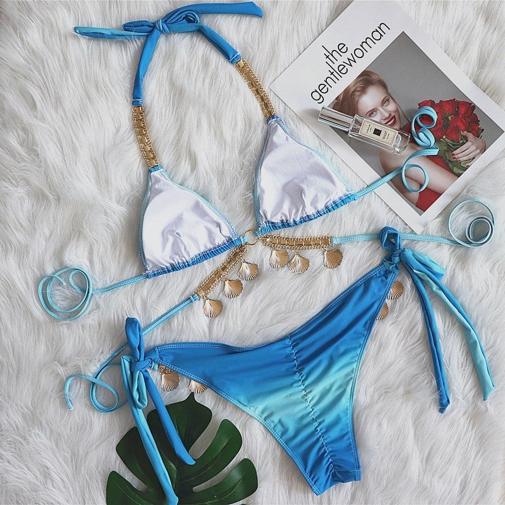 Luxury Diamond Bikini Halter Push Up Swimwear Women's Beach Bikini Crystal Side Bottom Triangle Bikini Halter Swimsuits Women Swimsuit Female Strappy Bikini Set Summer Party Bathing Suit Beachwear Stevvex