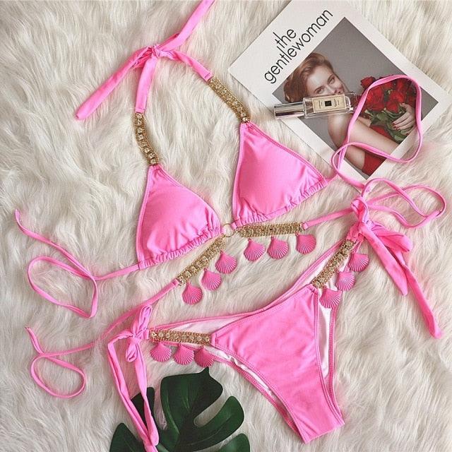 Luxury Diamond Bikini Halter Push Up Swimwear Women's Beach Bikini Crystal Side Bottom Triangle Bikini Halter Swimsuits Women Swimsuit Female Strappy Bikini Set Summer Party Bathing Suit Beachwear Stevvex