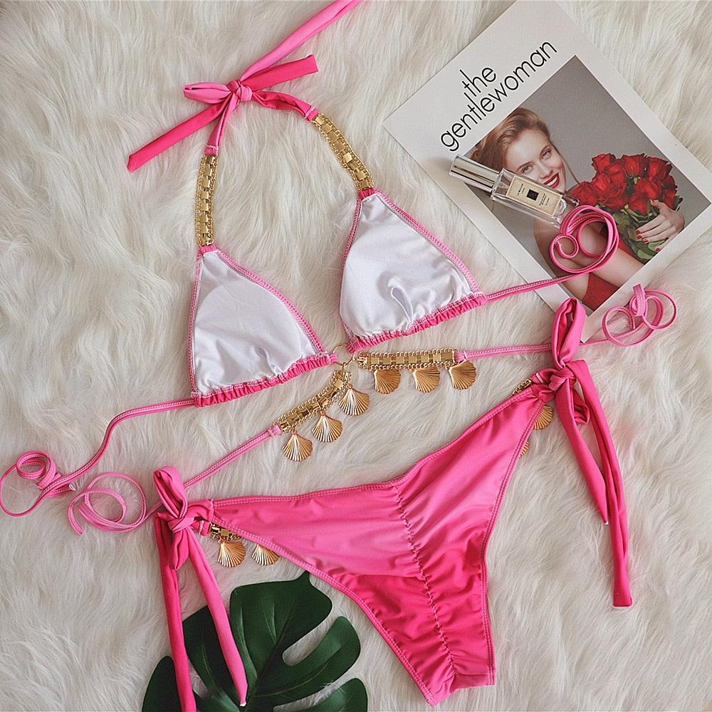 Luxury Diamond Bikini Halter Push Up Swimwear Women's Beach Bikini Crystal Side Bottom Triangle Bikini Halter Swimsuits Women Swimsuit Female Strappy Bikini Set Summer Party Bathing Suit Beachwear Stevvex