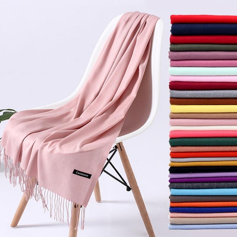 Luxury Fashion Winter Solid Colorful Soft Scarf Hijabs Tassels Long Warm Shawls Hijabs Lightweight Scarfs Scarves Cashmere Elegant Hijabs Scarves Wraps For Women Stevvex