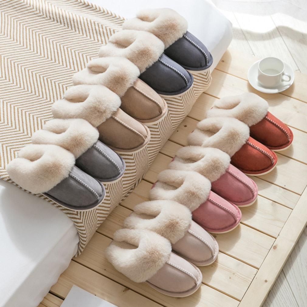 Luxury Faux Suede Home Women Full Fur Slippers Winter Warm Plush Bedroom Non-Slip Couples Shoes Indoor Furry Slippers Memory Foam Fluffy Soft Warm Slip On House Slippers Anti-Skid Cozy Plush For Indoor Outdoor Stevvex