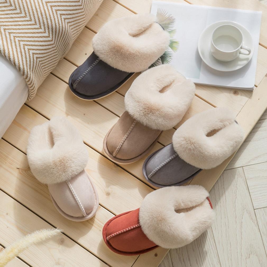Luxury Faux Suede Home Women Full Fur Slippers Winter Warm Plush Bedroom Non-Slip Couples Shoes Indoor Furry Slippers Memory Foam Fluffy Soft Warm Slip On House Slippers Anti-Skid Cozy Plush For Indoor Outdoor Stevvex