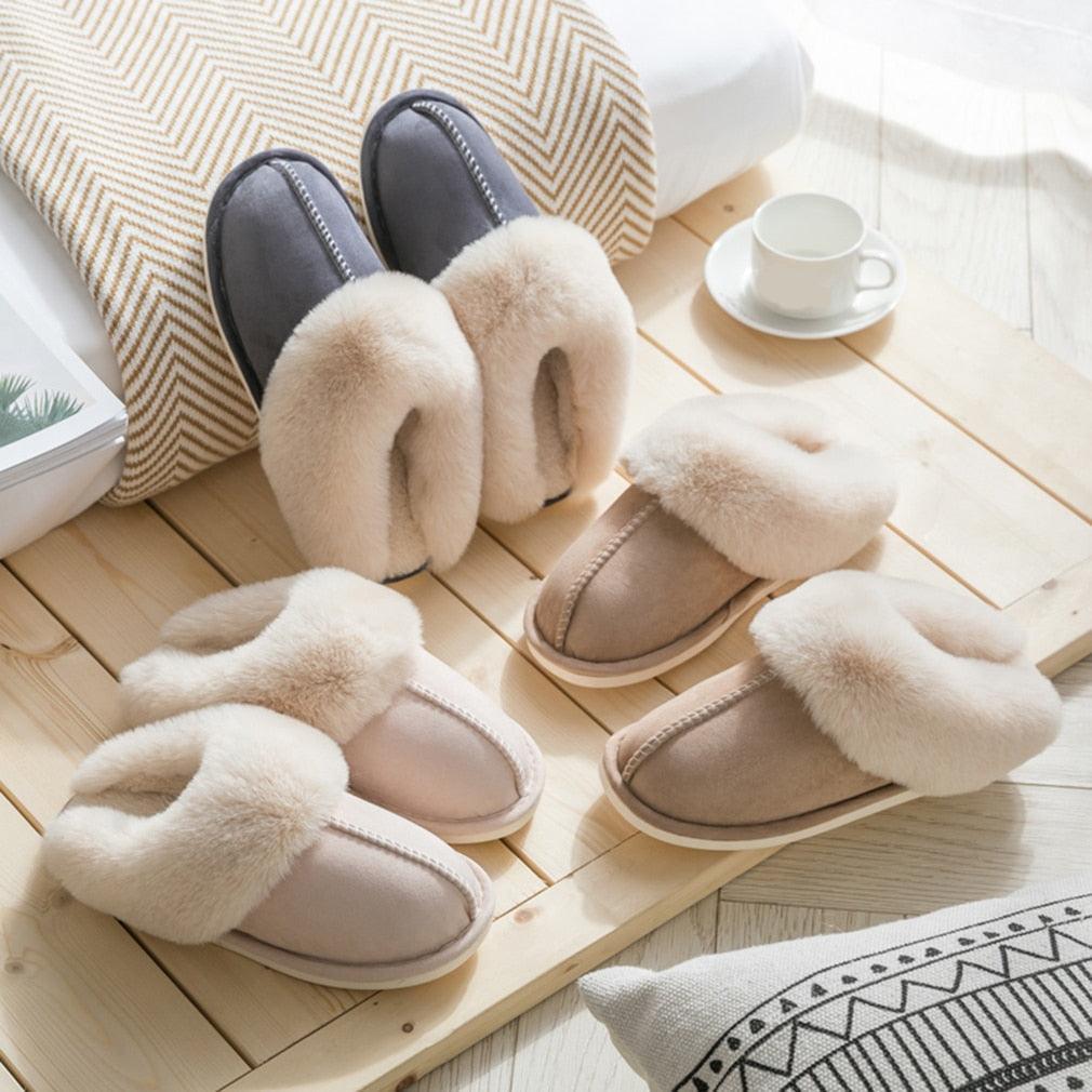 Luxury Faux Suede Home Women Full Fur Slippers Winter Warm Plush Bedroom Non-Slip Couples Shoes Indoor Furry Slippers Memory Foam Fluffy Soft Warm Slip On House Slippers Anti-Skid Cozy Plush For Indoor Outdoor Stevvex