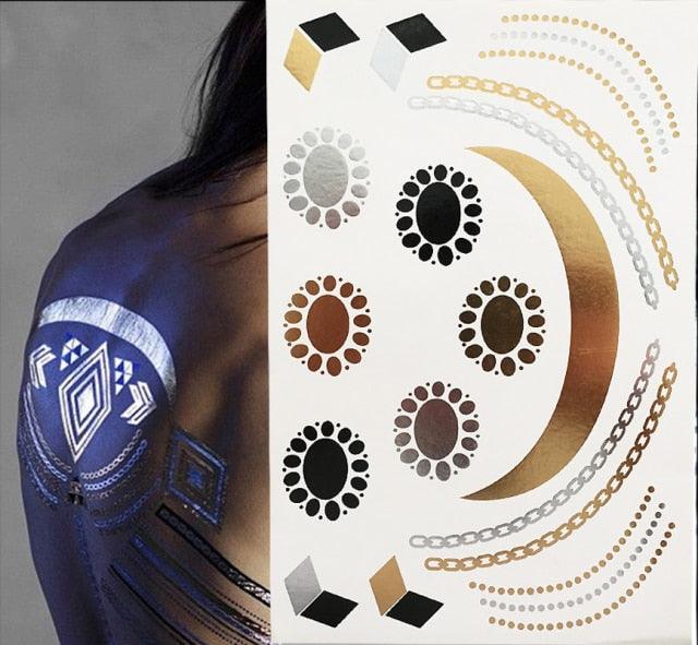 Luxury Flash Metallic Waterproof Temporary Tattoo Gold Silver Flower Tattoo Sticker Long Lasting Gold Design For Womens Stevvex