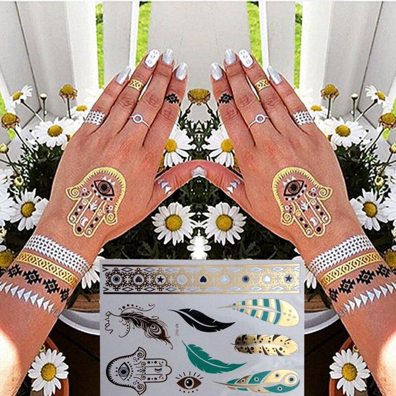 Luxury Flash Metallic Waterproof Temporary Tattoo Gold Silver Flower Tattoo Sticker Long Lasting Gold Design For Womens Stevvex