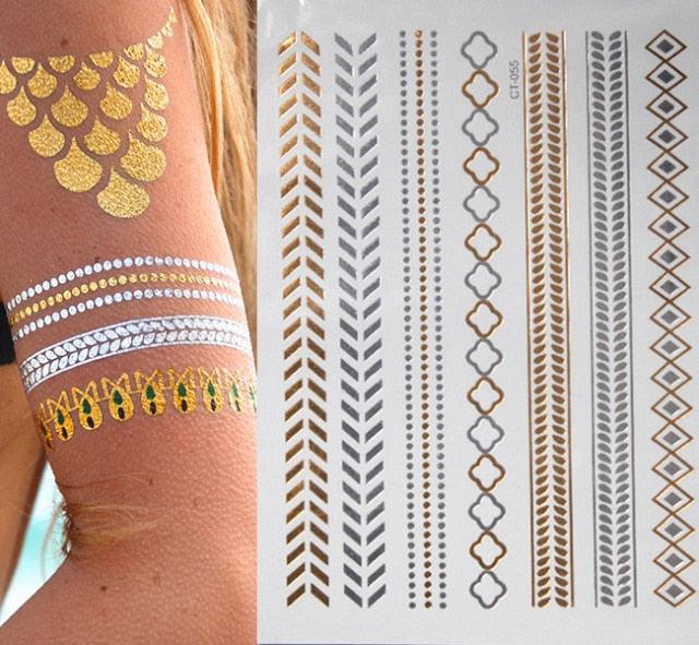 Luxury Flash Metallic Waterproof Temporary Tattoo Gold Silver Flower Tattoo Sticker Long Lasting Gold Design For Womens Stevvex