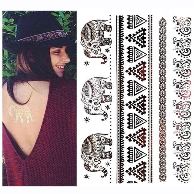 Luxury Flash Metallic Waterproof Temporary Tattoo Gold Silver Flower Tattoo Sticker Long Lasting Gold Design For Womens Stevvex