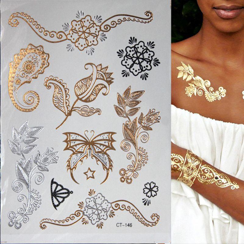 Luxury Flash Metallic Waterproof Temporary Tattoo Gold Silver Flower Tattoo Sticker Long Lasting Gold Design For Womens Stevvex