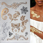 Luxury Flash Metallic Waterproof Temporary Tattoo Gold Silver Flower Tattoo Sticker Long Lasting Gold Design For Womens Stevvex