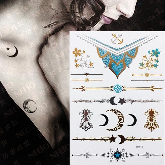 Luxury Flash Metallic Waterproof Temporary Tattoo Gold Silver Flower Tattoo Sticker Long Lasting Gold Design For Womens Stevvex