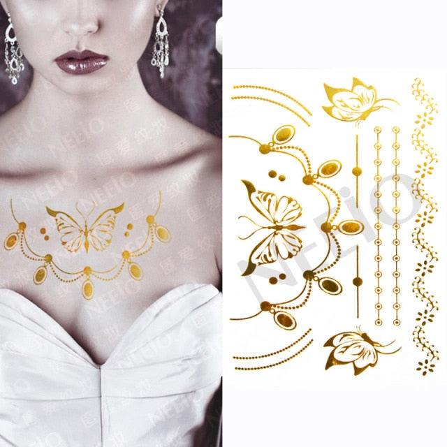 Luxury Flash Metallic Waterproof Temporary Tattoo Gold Silver Flower Tattoo Sticker Long Lasting Gold Design For Womens Stevvex