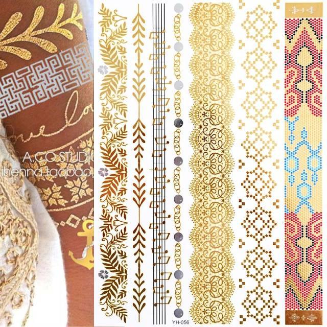 Luxury Flash Metallic Waterproof Temporary Tattoo Gold Silver Flower Tattoo Sticker Long Lasting Gold Design For Womens Stevvex