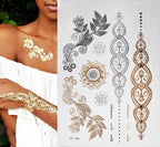 Luxury Flash Metallic Waterproof Temporary Tattoo Gold Silver Flower Tattoo Sticker Long Lasting Gold Design For Womens Stevvex