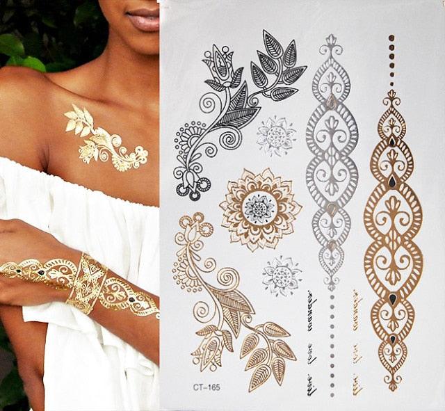 Luxury Flash Metallic Waterproof Temporary Tattoo Gold Silver Flower Tattoo Sticker Long Lasting Gold Design For Womens Stevvex