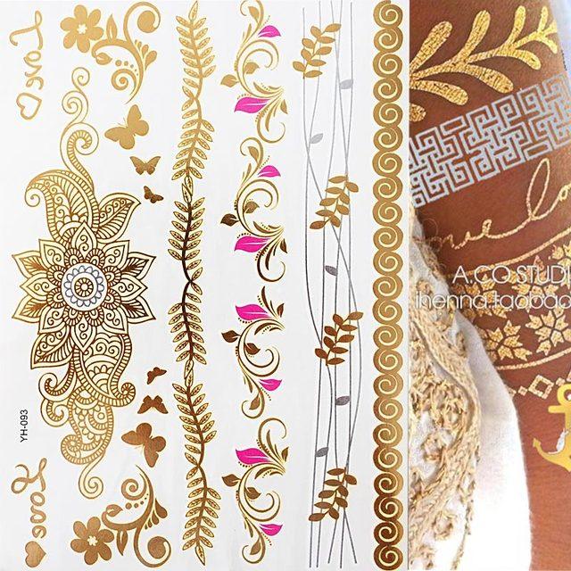 Luxury Flash Metallic Waterproof Temporary Tattoo Gold Silver Flower Tattoo Sticker Long Lasting Gold Design For Womens Stevvex