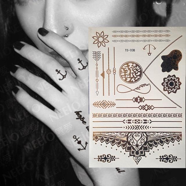 Luxury Flash Metallic Waterproof Temporary Tattoo Gold Silver Flower Tattoo Sticker Long Lasting Gold Design For Womens Stevvex