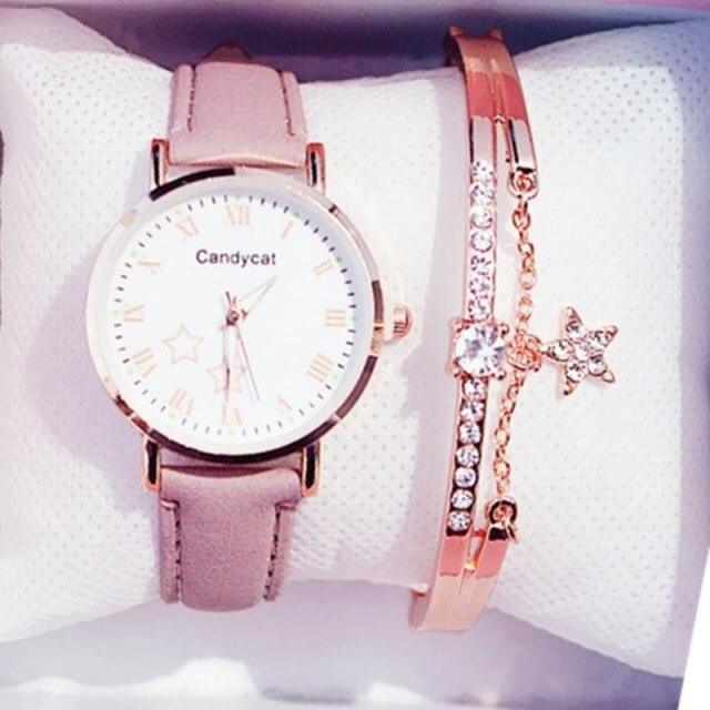 Luxury Girl Watch Student High School Small Fresh Watch Pink Cute Star Starry Sky Casual Leather Female Wrist Watch Leather Band Thin Minimalist Casual Simple Dress Watch Stevvex