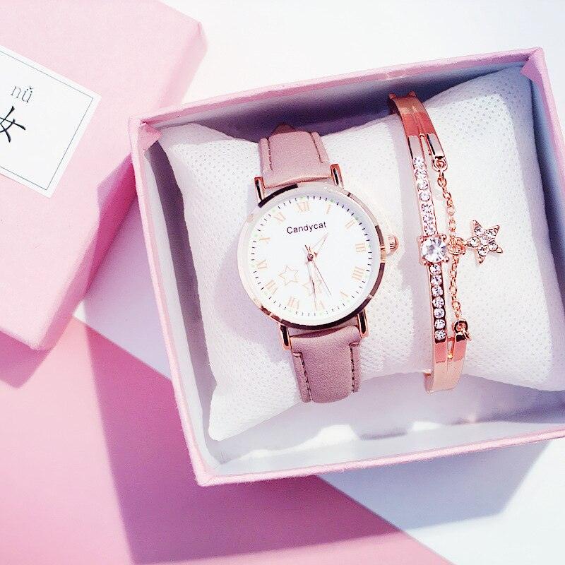 Luxury Girl Watch Student High School Small Fresh Watch Pink Cute Star Starry Sky Casual Leather Female Wrist Watch Leather Band Thin Minimalist Casual Simple Dress Watch Stevvex