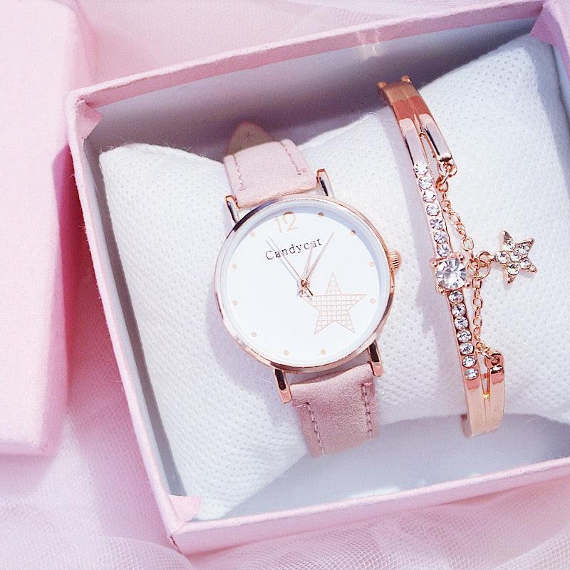 Luxury Girl Watch Student High School Small Fresh Watch Pink Cute Star Starry Sky Casual Leather Female Wrist Watch Leather Band Thin Minimalist Casual Simple Dress Watch Stevvex