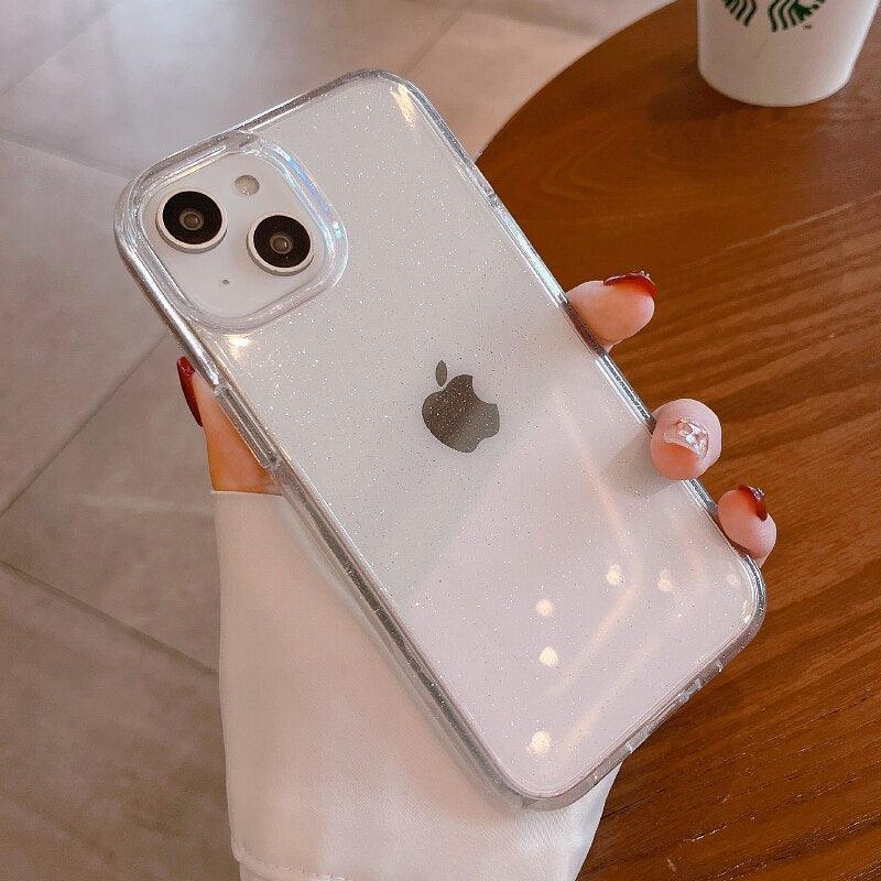 Luxury Glitter Bumper Clear Case for IPhone 14 13 12 11 Pro Max Mini X XS Max XR Cute Shining Shockproof Silicone Cover Hard Back Shockproof Protective Phone Cover For iPhone Stevvex