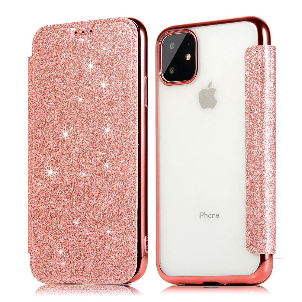 Luxury Glitter Leather Flip Wallet Case For iPhone 14 13 12 11 Pro XS Max XR X 7 8 Plus 6s Plus Clear Back Case iPhone Shiny Luxury Glitter Leather Case with Card Holder Flip Magnetic Closure Stand Cover Stevvex