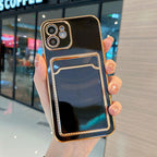 Luxury Gold Plating Phone Case With Card Slot For iphone 13 Pro 12 11 Pro MAX XS XR XS MAX Luxury Black Orange Phone Cover Back Case with Golden Frame Case for iPhone Stevvex