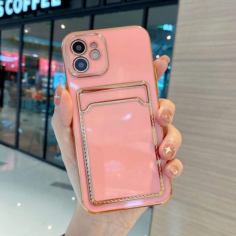 Luxury Gold Plating Phone Case With Card Slot For iphone 13 Pro 12 11 Pro MAX XS XR XS MAX Luxury Black Orange Phone Cover Back Case with Golden Frame Case for iPhone Stevvex