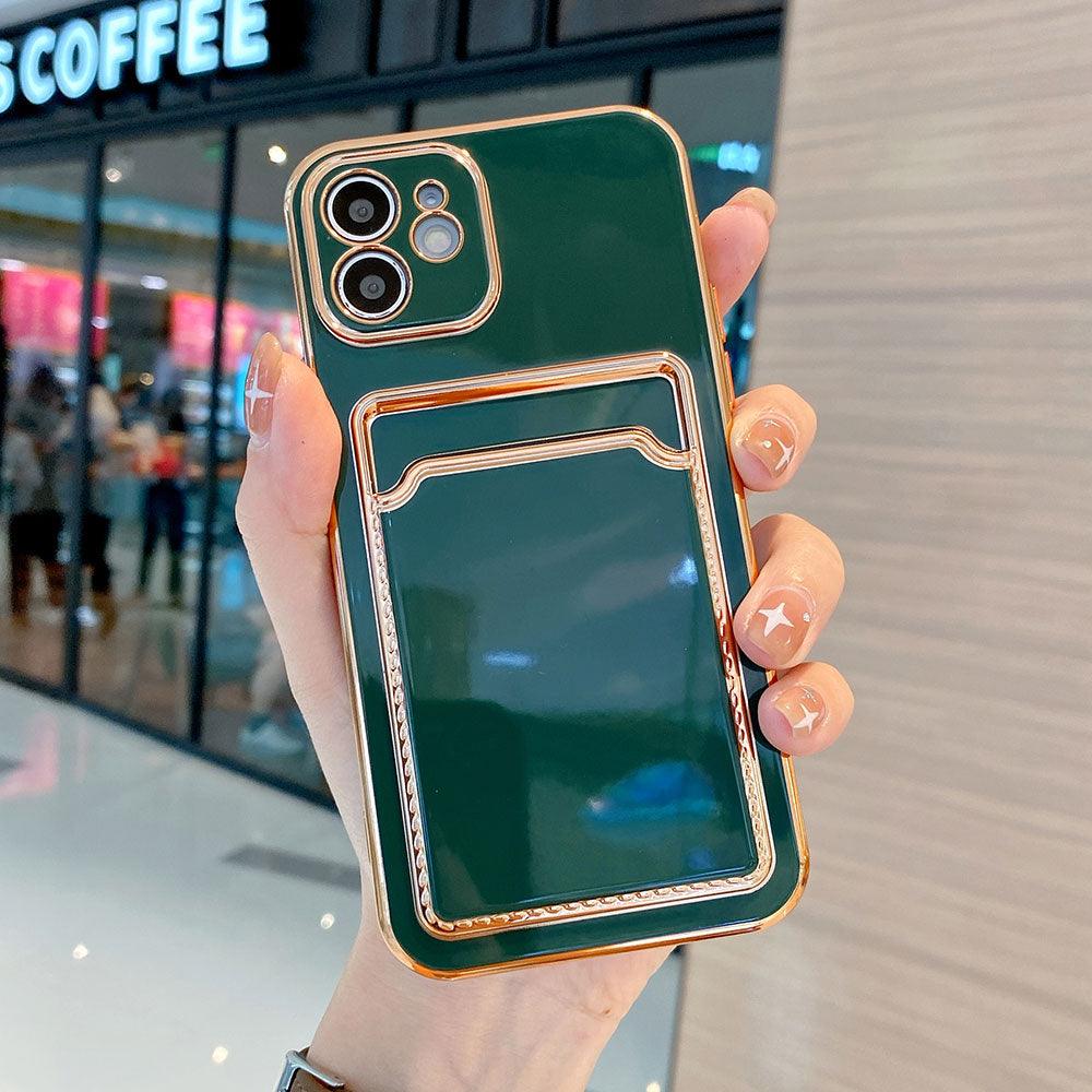 Luxury Gold Plating Phone Case With Card Slot For iphone 13 Pro 12 11 Pro MAX XS XR XS MAX Luxury Black Orange Phone Cover Back Case with Golden Frame Case for iPhone Stevvex