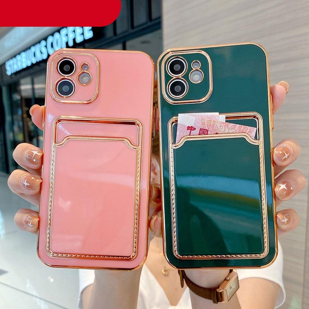 Luxury Gold Plating Phone Case With Card Slot For iphone 13 Pro 12 11 Pro MAX XS XR XS MAX Luxury Black Orange Phone Cover Back Case with Golden Frame Case for iPhone Stevvex