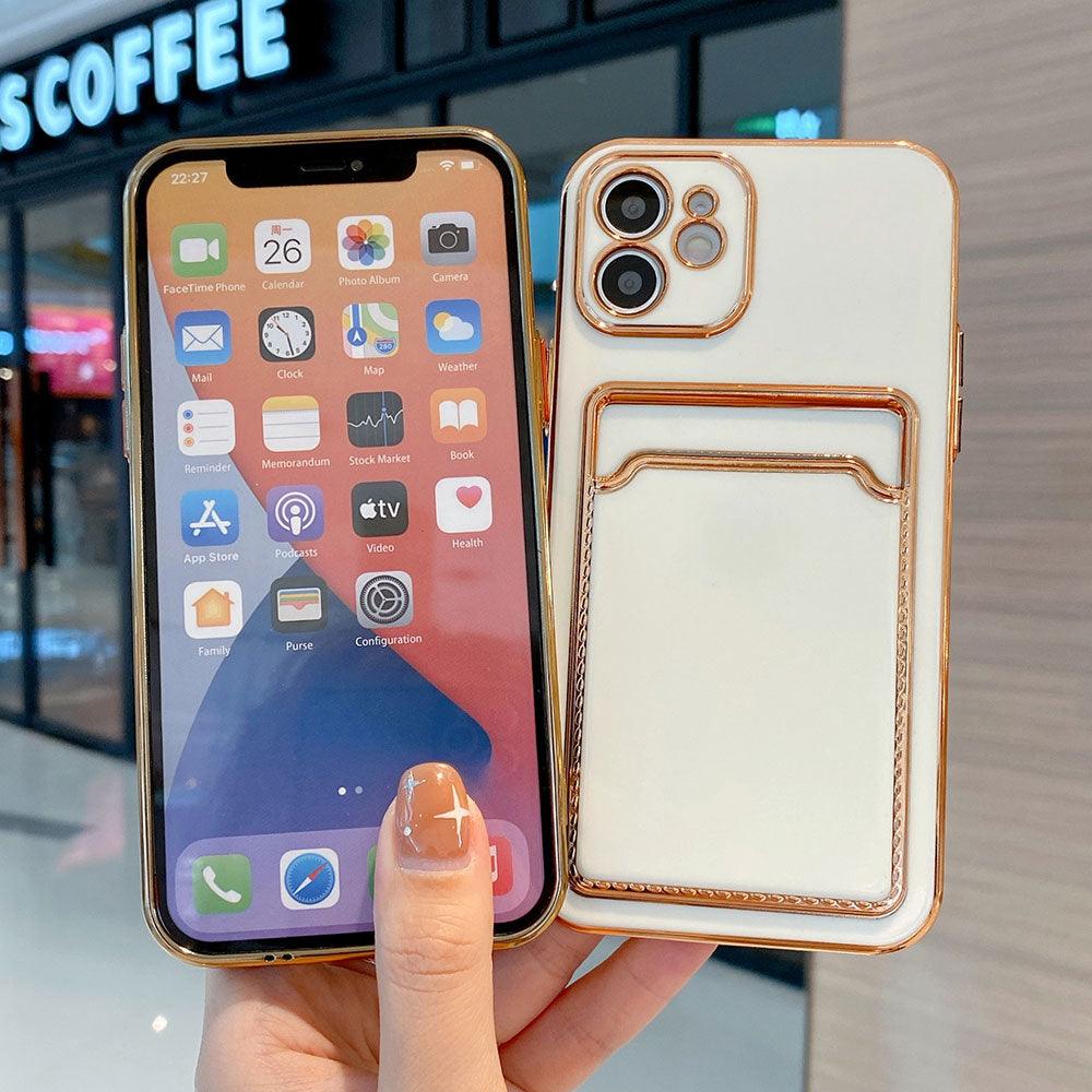 Luxury Gold Plating Phone Case With Card Slot For iphone 13 Pro 12 11 Pro MAX XS XR XS MAX Luxury Black Orange Phone Cover Back Case with Golden Frame Case for iPhone Stevvex