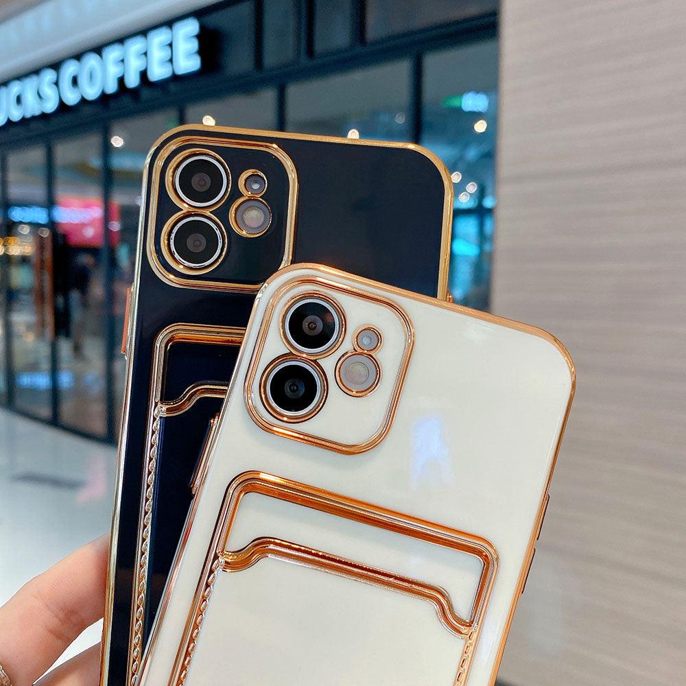 Luxury Gold Plating Phone Case With Card Slot For iphone 13 Pro 12 11 Pro MAX XS XR XS MAX Luxury Black Orange Phone Cover Back Case with Golden Frame Case for iPhone Stevvex
