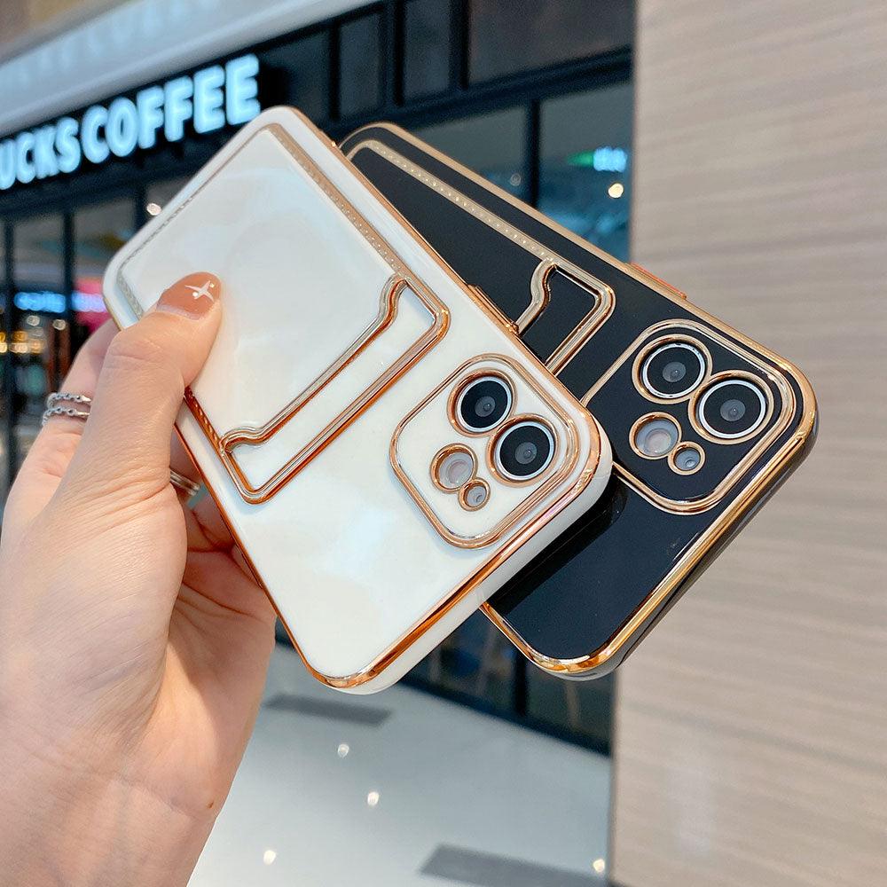Luxury Gold Plating Phone Case With Card Slot For iphone 13 Pro 12 11 Pro MAX XS XR XS MAX Luxury Black Orange Phone Cover Back Case with Golden Frame Case for iPhone Stevvex