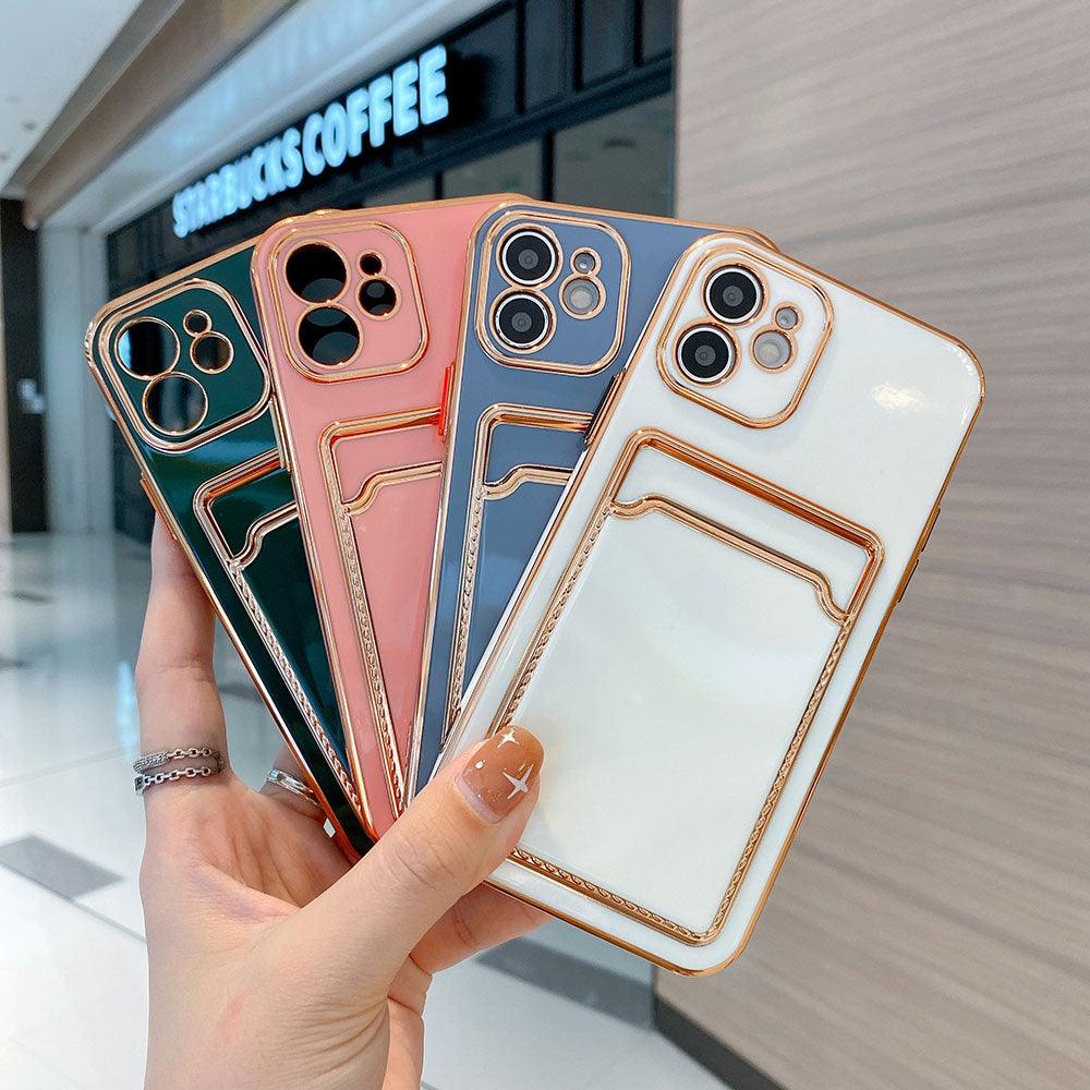 Luxury Gold Plating Phone Case With Card Slot For iphone 13 Pro 12 11 Pro MAX XS XR XS MAX Luxury Black Orange Phone Cover Back Case with Golden Frame Case for iPhone Stevvex