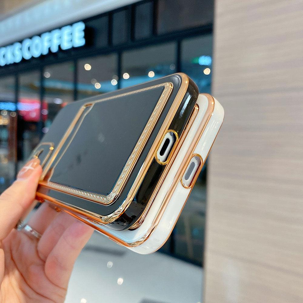Luxury Gold Plating Phone Case With Card Slot For iphone 13 Pro 12 11 Pro MAX XS XR XS MAX Luxury Black Orange Phone Cover Back Case with Golden Frame Case for iPhone Stevvex