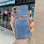 Luxury Gold Plating Phone Case With Card Slot For iphone 13 Pro 12 11 Pro MAX XS XR XS MAX Luxury Black Orange Phone Cover Back Case with Golden Frame Case for iPhone Stevvex