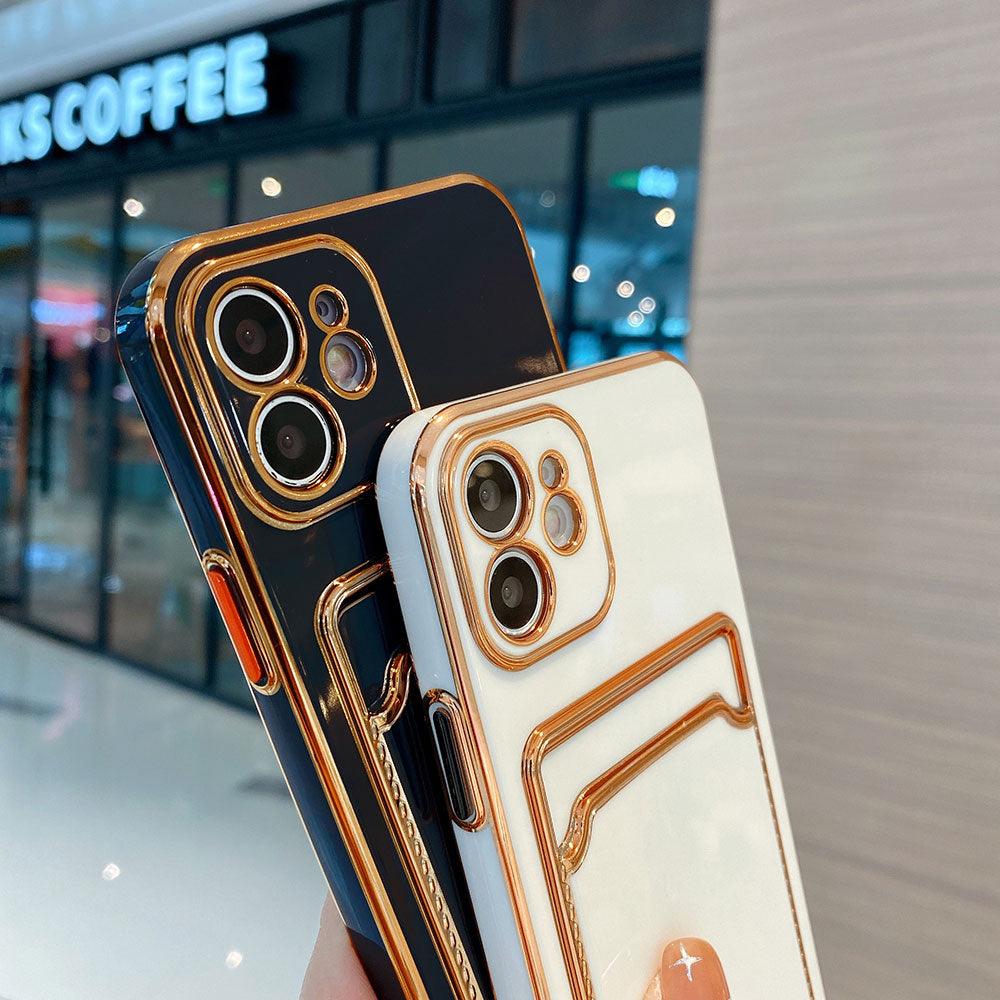 Luxury Gold Plating Phone Case With Card Slot For iphone 13 Pro 12 11 Pro MAX XS XR XS MAX Luxury Black Orange Phone Cover Back Case with Golden Frame Case for iPhone Stevvex