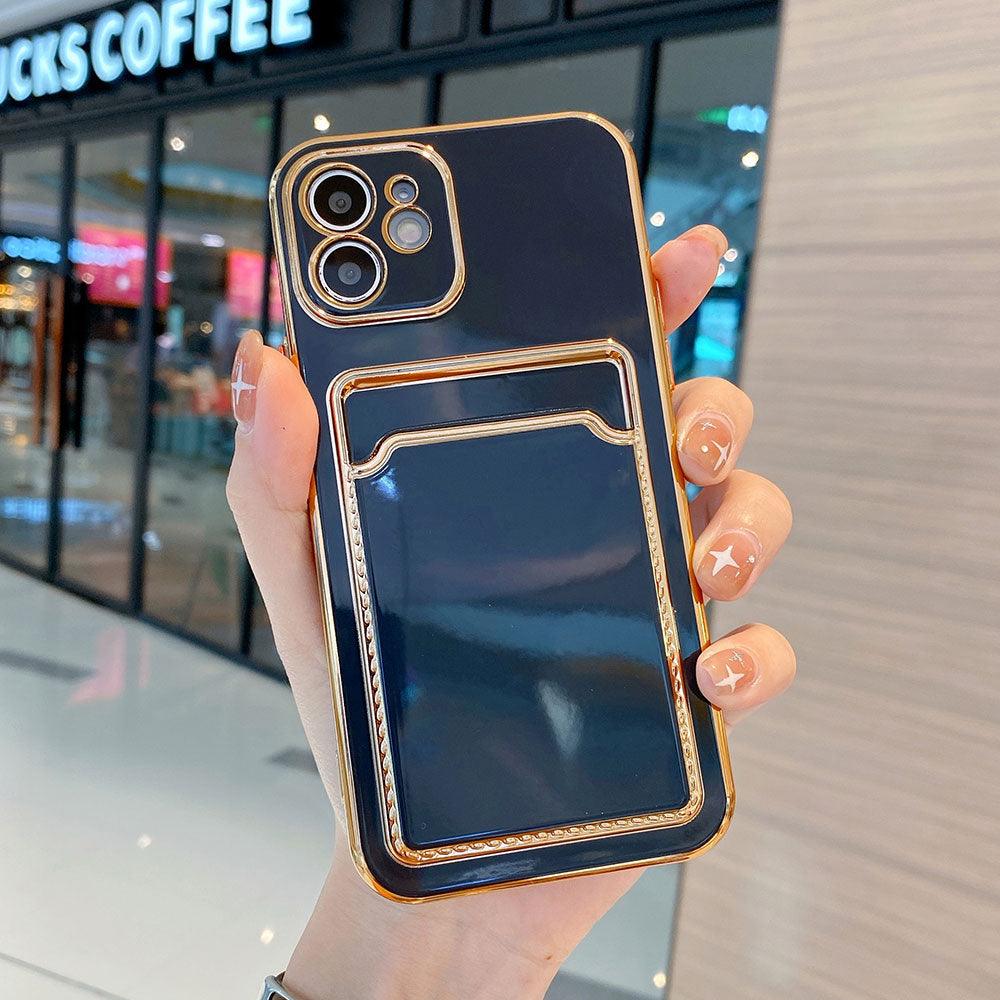 Luxury Gold Plating Phone Case With Card Slot For iphone 13 Pro 12 11 Pro MAX XS XR XS MAX Luxury Black Orange Phone Cover Back Case with Golden Frame Case for iPhone Stevvex