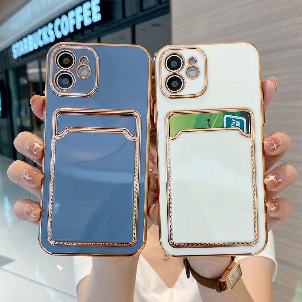 Luxury Gold Plating Phone Case With Card Slot For iphone 13 Pro 12 11 Pro MAX XS XR XS MAX Luxury Black Orange Phone Cover Back Case with Golden Frame Case for iPhone Stevvex