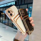 Luxury Gold Plating Phone Case With Card Slot For iphone 13 Pro 12 11 Pro MAX XS XR XS MAX Luxury Black Orange Phone Cover Back Case with Golden Frame Case for iPhone Stevvex