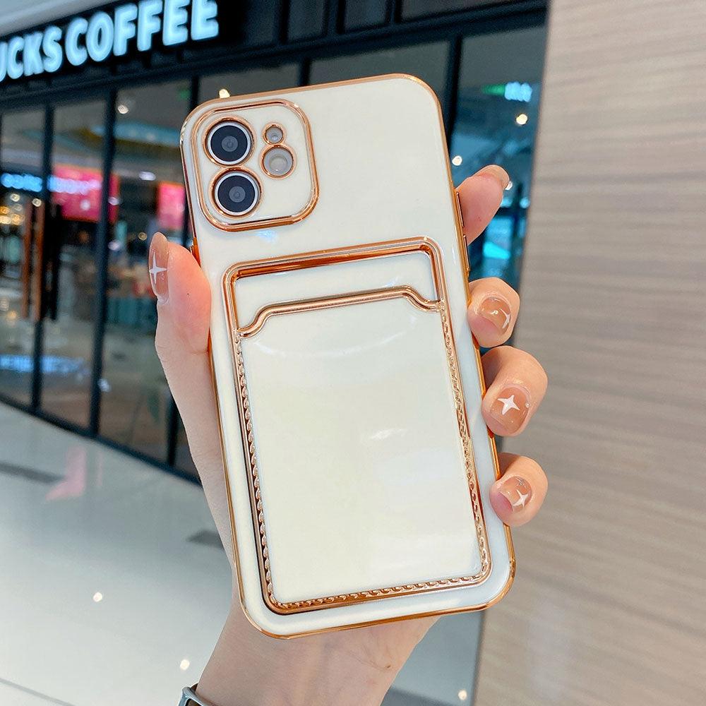 Luxury Gold Plating Phone Case With Card Slot For iphone 13 Pro 12 11 Pro MAX XS XR XS MAX Luxury Black Orange Phone Cover Back Case with Golden Frame Case for iPhone Stevvex