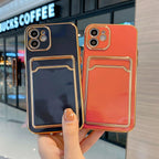 Luxury Gold Plating Phone Case With Card Slot For iphone 13 Pro 12 11 Pro MAX XS XR XS MAX Luxury Black Orange Phone Cover Back Case with Golden Frame Case for iPhone Stevvex
