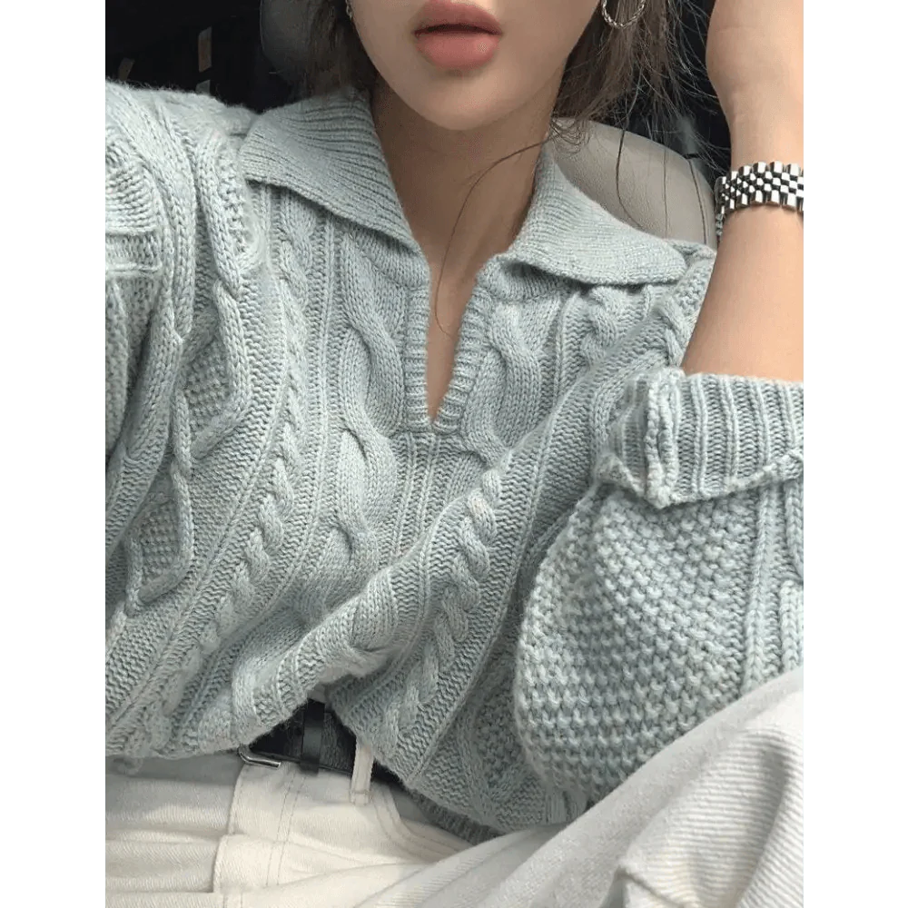 Luxury Kitty Retro Women Sweater Pullovers Knitted Casual Solid Autumn Turn-down Collar Feminine Loose All Match Soft Sweet Tops Stevvex